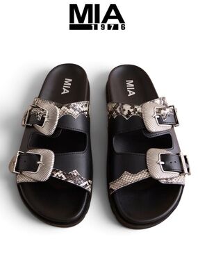 NWT MIA TIBBY SNAKE PRINT BLACK BUCKLE SLIDE SANDALS WESTERN BOHO SIZE 7.5